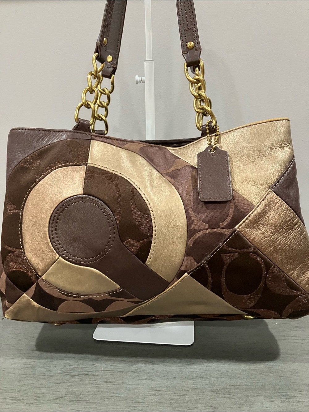 Coach Inlaid Patchwork Signature Shoulder Tote in Brown and Gold Metallic